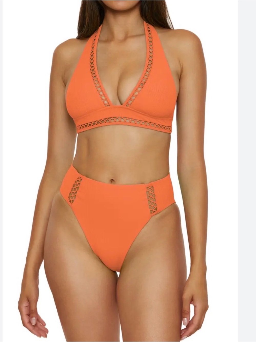 NWT Becca Coral Orange Ribbed Cutout Bikini Set Top Size D / Bottoms Large